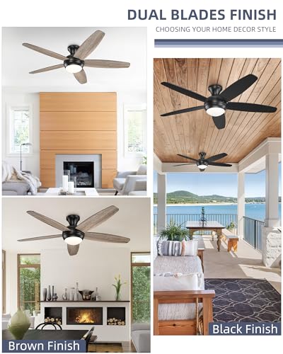 YOUKAIN Low Profile Ceiling Fan With Light, 52 Inch Smart Ceiling Fan With Light, Indoor/Outdoor Black Flush Mount Ceiling Fan With Remote & App Control, 52-YJ236-BKN