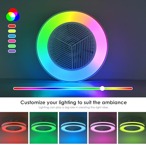 HUMHOLD Smart Low Profile Ceiling Fan with RGB Lights, 20" Bladeless Ceiling Fans with Voice/APP/Remote Control, Dimmable Color Chaning LED-RGB Ceiling Fan for Kids Bedroom Living Room White