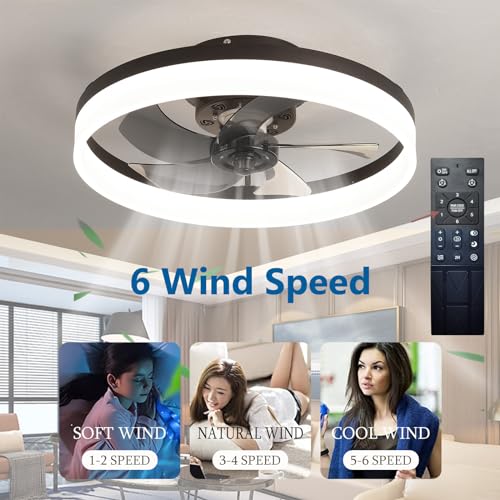 ACFBGFV Modern Ceiling Fans with Lights,20" Dimmable Flush Mount Low Profile Ceiling Fans with Remote Control,Indoor Smart Ceiling Fan with Light for Bedroom(black