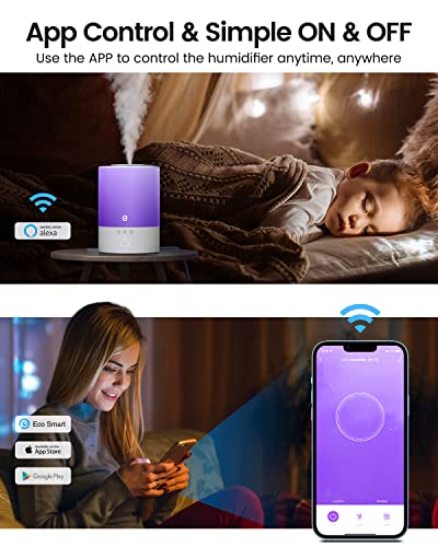 Esemoil Cool Mist Humidifiers for Bedroom Large Room, 2.5L Smart WiFi Baby Air Humidifier with Top-Fill & 28dB Quiet, 24H Ultrasonic Diffuser for Plants, 8 Color Light, Voice Control, Works with Alexa