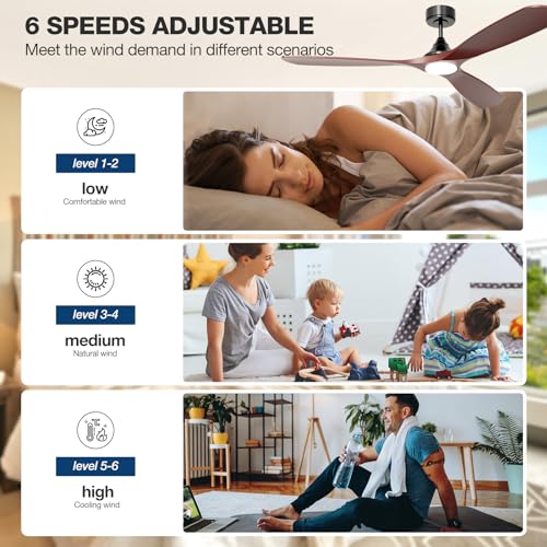 60 Inch Ceiling Fan with Lights, Solid Wood Blades Smart Ceiling Fan with Remote and App Controls, ETL Quiet DC Motor 6 Speed, Timing, High CFM, Dimmable LED Light for Home Office, Black + Red Walnut