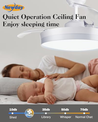 Newday Retractable Ceiling Fan, 42 Inch Smart Ceiling Fans with Lights and APP Remote Control, Modern Ceiling Fan for Bedroom Living Room, Quiet DC Motor 6 Speed