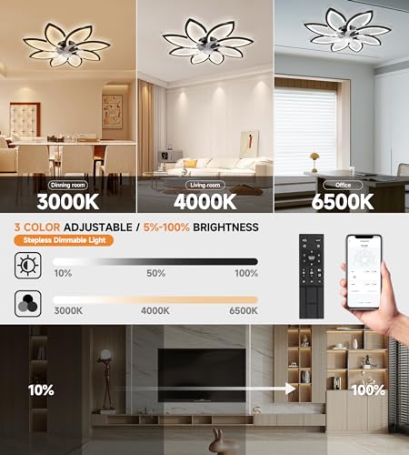 TANWO 2024 Modern 35" Ceiling Fan with Lights and Remote - Smart Stepless Dimming and Adjustable Color Temperature Low Profile Ceiling Fan with 6 Speeds for Bedroom and Living Room