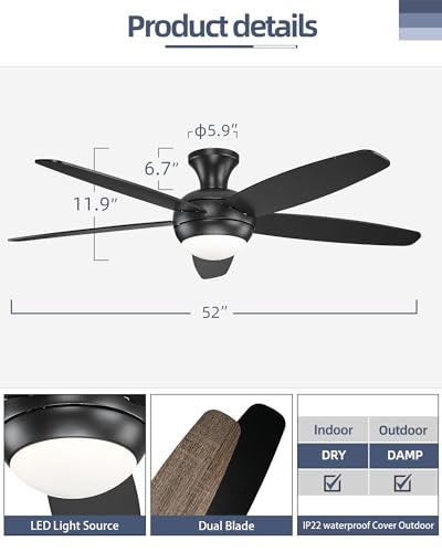 YOUKAIN Low Profile Ceiling Fan With Light, 52 Inch Smart Ceiling Fan With Light, Indoor/Outdoor Black Flush Mount Ceiling Fan With Remote & App Control, 52-YJ236-BKN