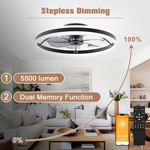 VOLISUN Low Profile Ceiling Fans with Lights and Remote, 23.6in Fandelier Ceiling Fan Flush Mount, 3000K-6500K Smart Bladeless LED Fan Light, Black Modern Ceiling Fans with Lights for Bedroom