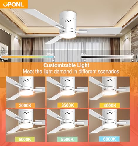 OPONL White 42 inch Ceiling Fan with Light, Remote Control, Flush Mount, Noiseless, Reversible, 6CCT, Dimmable, 6 Speeds, Timeable, Low Profile Ceiling Fan with Light for Bedroom, indoor/outdoor