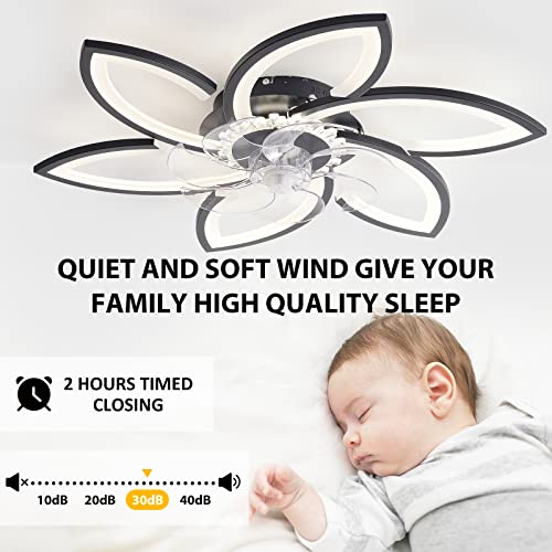 30" Modern Ceiling Fan with Lights Remote Control, Low Profile Ceiling Fan with Lights, Flush Mount Smart Ceiling Fan Light for Bedroom Living Room Kitchen, Reversible Blade, Black