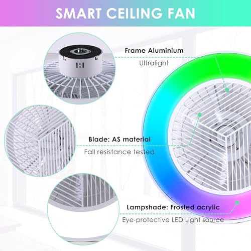 HUMHOLD Smart Low Profile Ceiling Fan with RGB Lights, 20" Bladeless Ceiling Fans with Voice/APP/Remote Control, Dimmable Color Chaning LED-RGB Ceiling Fan for Kids Bedroom Living Room White