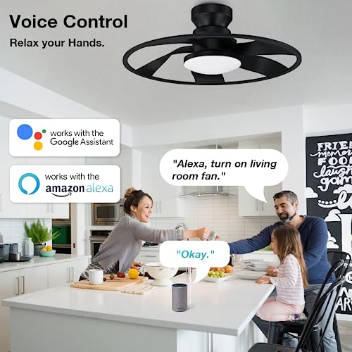 Hoenofly 22” Smart Low Profile Ceiling Fans with Lights Remote,Quiet DC Motor,Bladeless Flush Mount Ceiling Fan Controlled by WiFi Alexa App,Modern Black for Small Indoor Bedroom Outdoor Patio