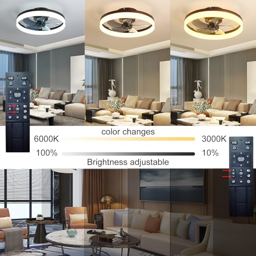 ACFBGFV Modern Ceiling Fans with Lights,20" Dimmable Flush Mount Low Profile Ceiling Fans with Remote Control,Indoor Smart Ceiling Fan with Light for Bedroom(black
