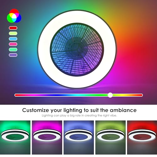 HUMHOLD Smart Low Profile Ceiling Fan with RGB Lights, 20" Bladeless Ceiling Fans with Remote/Voice/APP Control, Dimmable LED Ceiling Fan for Bedroom Living Room White