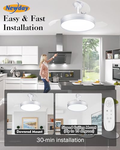 Newday Retractable Ceiling Fan, 42 Inch Smart Ceiling Fans with Lights and APP Remote Control, Modern Ceiling Fan for Bedroom Living Room, Quiet DC Motor 6 Speed