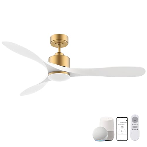 cumilo 52” Smart Gold White Ceiling Fans with Lights and Remote, Quiet DC Motor,High CFM,Control with WIFI Alexa APP,Modern Indoor outdoor Ceiling Fans with Dimmable LED Light for Bedroom Patio Porch