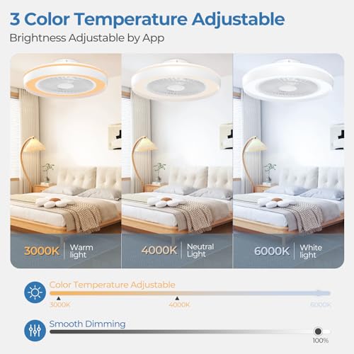 Modern Ceiling Fans with Lights - 19 inch Low Profile Enclosed Flush Mount Led Ceiling Fan with Lights Dimmable Reversible Smart Fandelier Ceiling Fans for for Bedroom Living Room Kitchen Home Indoor