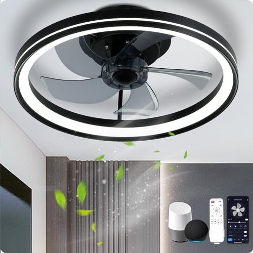 YeetFerret Bladeless Ceiling Fans with Light and Remote, Compatible with Alexa and Google Assistant,19" Flush Mount Ceiling Fan with Light Smart 3 Color LED and 6 Speeds Low Profile