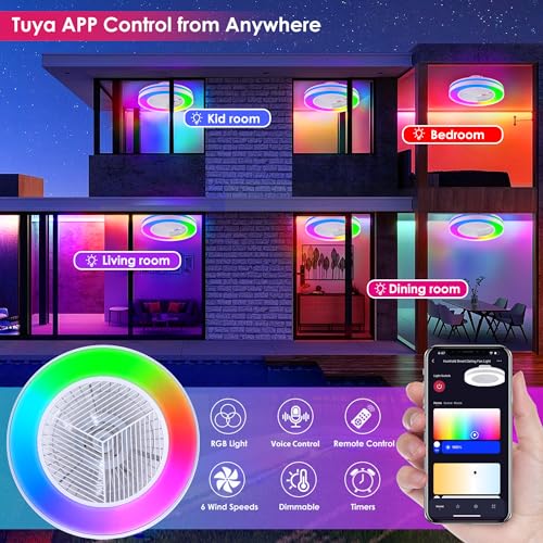 HUMHOLD Smart Low Profile Ceiling Fan with RGB Lights, 20" Bladeless Ceiling Fans with Voice/APP/Remote Control, Dimmable Color Chaning LED-RGB Ceiling Fan for Kids Bedroom Living Room White