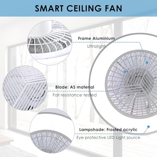 HUMHOLD Smart Low Profile Ceiling Fan with RGB Lights, 20" Bladeless Ceiling Fans with Remote/Voice/APP Control, Dimmable LED Ceiling Fan for Bedroom Living Room White