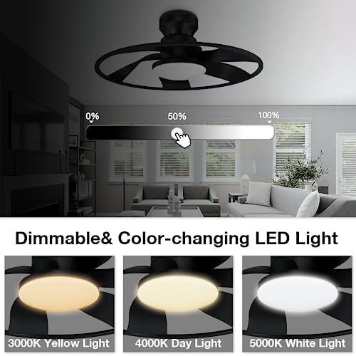 Hoenofly 22” Smart Low Profile Ceiling Fans with Lights Remote,Quiet DC Motor,Bladeless Flush Mount Ceiling Fan Controlled by WiFi Alexa App,Modern Black for Small Indoor Bedroom Outdoor Patio