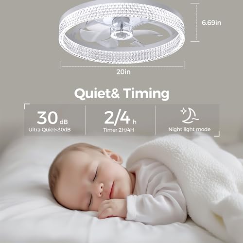 fenhua Ceiling Fans with Lights and Remote:Low Profile Ceiling Fanwith Light,6 Wind Speeds Modern Smart Ceiling Fan 20in Bladeless Ceiling Fan Flush Mount for Bedroom, Kids Room and Indoor (White)