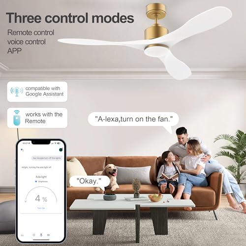 cumilo 52” Smart Gold White Ceiling Fans with Lights and Remote, Quiet DC Motor,High CFM,Control with WIFI Alexa APP,Modern Indoor outdoor Ceiling Fans with Dimmable LED Light for Bedroom Patio Porch