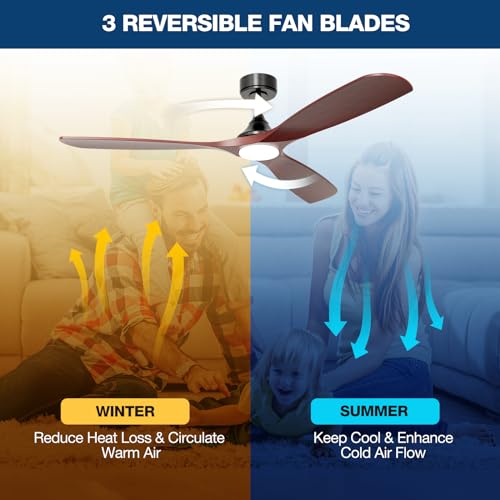 60 Inch Ceiling Fan with Lights, Solid Wood Blades Smart Ceiling Fan with Remote and App Controls, ETL Quiet DC Motor 6 Speed, Timing, High CFM, Dimmable LED Light for Home Office, Black + Red Walnut