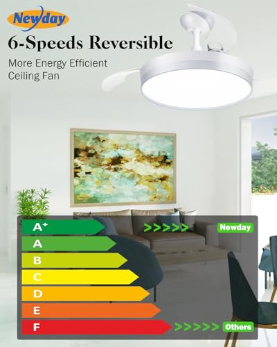 Newday Retractable Ceiling Fan, 42 Inch Smart Ceiling Fans with Lights and APP Remote Control, Modern Ceiling Fan for Bedroom Living Room, Quiet DC Motor 6 Speed