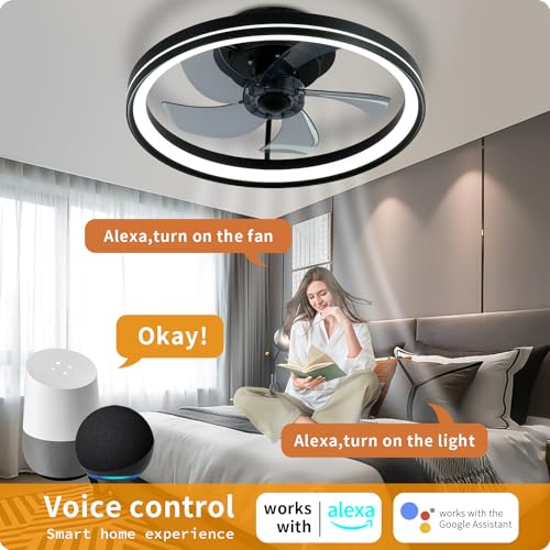 YeetFerret Bladeless Ceiling Fans with Light and Remote, Compatible with Alexa and Google Assistant,19" Flush Mount Ceiling Fan with Light Smart 3 Color LED and 6 Speeds Low Profile