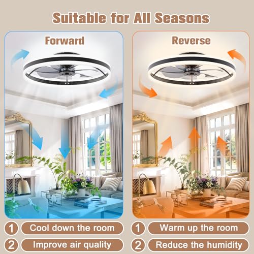 VOLISUN Low Profile Ceiling Fans with Lights and Remote, 23.6in Fandelier Ceiling Fan Flush Mount, 3000K-6500K Smart Bladeless LED Fan Light, Black Modern Ceiling Fans with Lights for Bedroom
