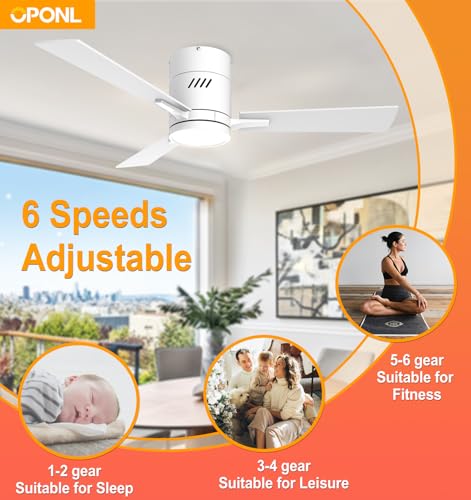 OPONL White 42 inch Ceiling Fan with Light, Remote Control, Flush Mount, Noiseless, Reversible, 6CCT, Dimmable, 6 Speeds, Timeable, Low Profile Ceiling Fan with Light for Bedroom, indoor/outdoor