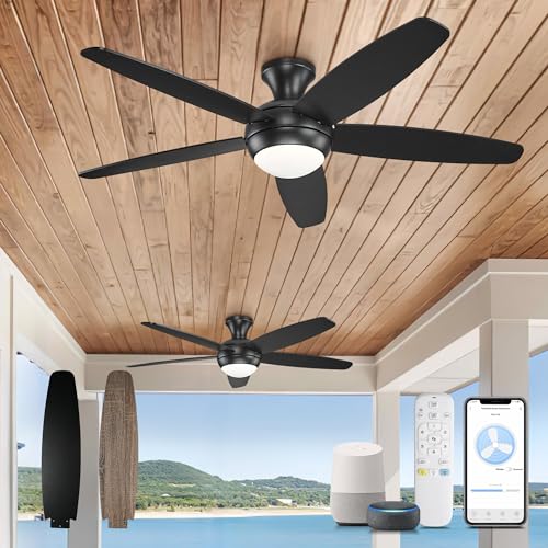 YOUKAIN Low Profile Ceiling Fan With Light, 52 Inch Smart Ceiling Fan With Light, Indoor/Outdoor Black Flush Mount Ceiling Fan With Remote & App Control, 52-YJ236-BKN