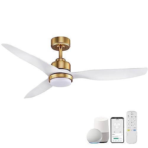 52 Inch Smart Ceiling Fans with Lights and Remote,Dimmable LED Light,Outdoor Indoor Gold White Ceiling Fan,Quiet DC Motor,High CFM 6 Speed,WIFI Alexa App Workable,for Bedroom Living Room Patio