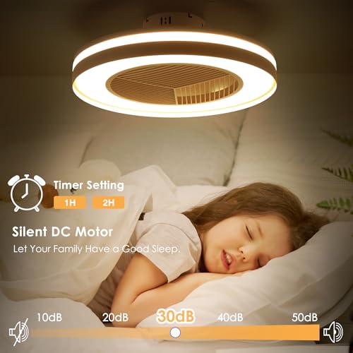 HUMHOLD Smart Low Profile Ceiling Fan with RGB Lights, 20" Bladeless Ceiling Fans with Voice/APP/Remote Control, Dimmable Color Chaning LED-RGB Ceiling Fan for Kids Bedroom Living Room White