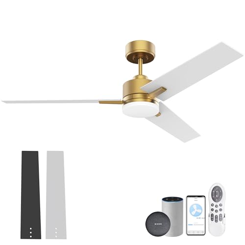 Lorpies 52inch Smart Ceiling Fan with Lights Remote,Quiet DC Motor,Dimmable,Voice Control via Alexa Google WIFI App,Outdoor Indoor Gold White Black Ceiling Fans with LED Light for Bedroom Patio Porch