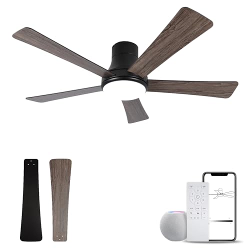 SODSEA 52 Inch Ceiling Fan with Light, Flush Mount Ceiling Fan with 5 Blades, Dimmable, Reversible Motor, 3-Colors Temperatures, 6 Speeds, Black Ceiling Fan with Remote/Alexa for Bedroom