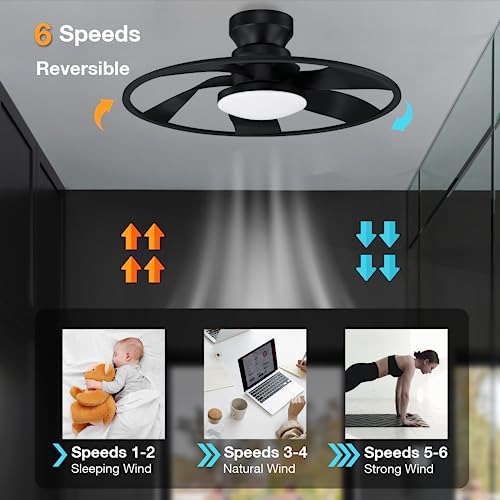 Hoenofly 22” Smart Low Profile Ceiling Fans with Lights Remote,Quiet DC Motor,Bladeless Flush Mount Ceiling Fan Controlled by WiFi Alexa App,Modern Black for Small Indoor Bedroom Outdoor Patio
