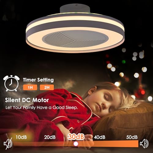 HUMHOLD Smart Low Profile Ceiling Fan with RGB Lights, 20" Bladeless Ceiling Fans with Remote/Voice/APP Control, Dimmable LED Ceiling Fan for Bedroom Living Room White