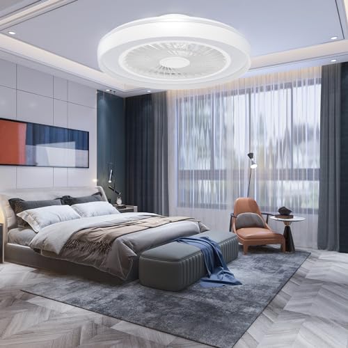 Modern Ceiling Fans with Lights - 19 inch Low Profile Enclosed Flush Mount Led Ceiling Fan with Lights Dimmable Reversible Smart Fandelier Ceiling Fans for for Bedroom Living Room Kitchen Home Indoor