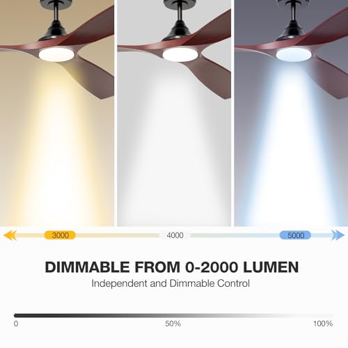 60 Inch Ceiling Fan with Lights, Solid Wood Blades Smart Ceiling Fan with Remote and App Controls, ETL Quiet DC Motor 6 Speed, Timing, High CFM, Dimmable LED Light for Home Office, Black + Red Walnut