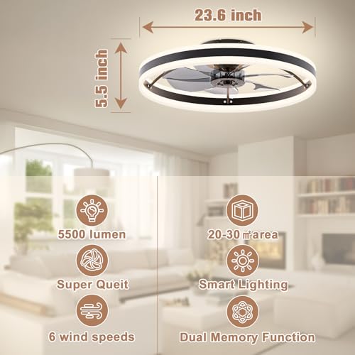 VOLISUN Low Profile Ceiling Fans with Lights and Remote, 23.6in Fandelier Ceiling Fan Flush Mount, 3000K-6500K Smart Bladeless LED Fan Light, Black Modern Ceiling Fans with Lights for Bedroom