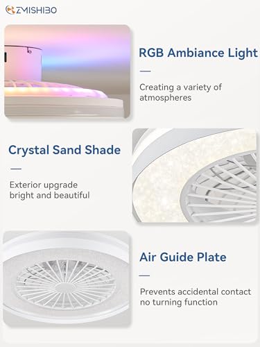 ZMISHIBO 20 inch Smart Wifi&Bluetooth Enclosed Ceiling Fan With RGBCW Light, Modern Bladeless Ceiling Fan with Alexa/Google Assistant/Remote Control For Bedroom(Timing，3000-6000K，6 Speeds)