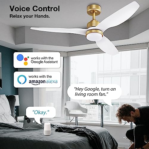 52 Inch Smart Ceiling Fans with Lights and Remote,Dimmable LED Light,Outdoor Indoor Gold White Ceiling Fan,Quiet DC Motor,High CFM 6 Speed,WIFI Alexa App Workable,for Bedroom Living Room Patio