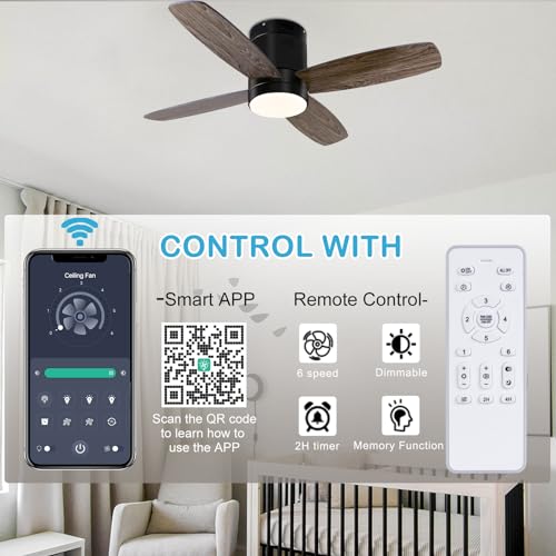 Ohniyou Ceiling Fan with Lights - 38'' Small Flush Mount Ceiling Fans Remote & APP Control - Dimmable Indoor Outdoor Quiet DC Low Profile Ceiling Fan for Patio Kitchen Bedroom(Black)