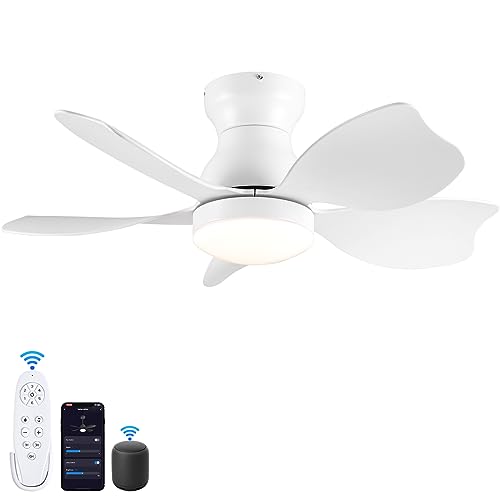 Ceiling Fan with Lights, 30 inch Remote Control, Low Profile DC Smart Ceiling Fan Works with Alexa, Google Home & Smart APP, White Flush Mount Ceiling Fan Suitable for bedroom dining room kitchen