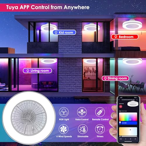 HUMHOLD Smart Low Profile Ceiling Fan with RGB Lights, 20" Bladeless Ceiling Fans with Remote/Voice/APP Control, Dimmable LED Ceiling Fan for Bedroom Living Room White