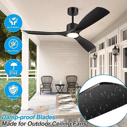 BOOSANT Ceiling Fans with Lights, Ceiling Fans with Lights and Remote Control, 52 inch Black Modern Smart Ceiling Fan with Light, Outdoor Ceiling Fans for Patios 3 Blade Bedroom Living Room（Black）