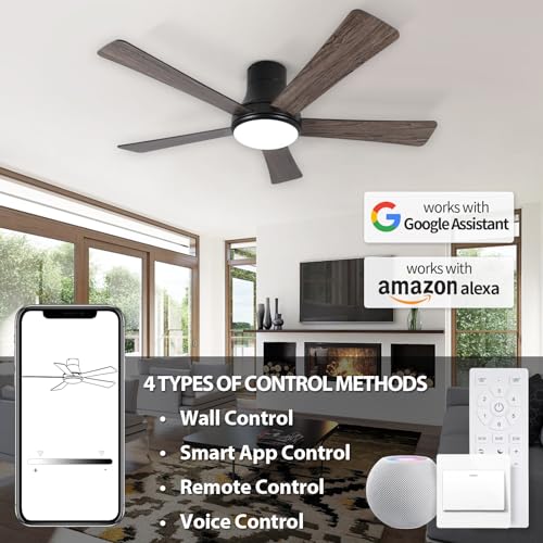 SODSEA 52 Inch Ceiling Fan with Light, Flush Mount Ceiling Fan with 5 Blades, Dimmable, Reversible Motor, 3-Colors Temperatures, 6 Speeds, Black Ceiling Fan with Remote/Alexa for Bedroom