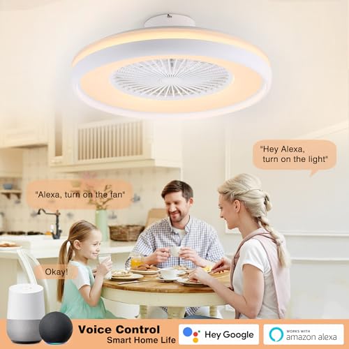 HUMHOLD 24" Bladeless Ceiling Fan with RGB Light Remote, Smart LED Ceiling Fans with Voice/App Control, Modern Low Profile Dimmable Light Ceiling Fan for Bedroom Living Room White
