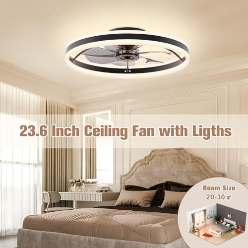 VOLISUN Low Profile Ceiling Fans with Lights and Remote, 23.6in Fandelier Ceiling Fan Flush Mount, 3000K-6500K Smart Bladeless LED Fan Light, Black Modern Ceiling Fans with Lights for Bedroom
