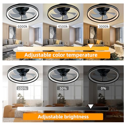 YeetFerret Bladeless Ceiling Fans with Light and Remote, Compatible with Alexa and Google Assistant,19" Flush Mount Ceiling Fan with Light Smart 3 Color LED and 6 Speeds Low Profile