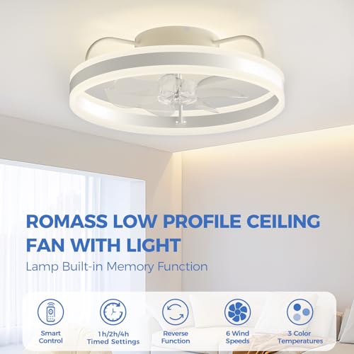 Ceiling Fans with Lights and Remote 20", Ceiling Fan APP Control Dimmable Low Profile Flush Mount Bladeless Ceiling Fan Indoor Modern Smart with Light for Living Room, Bedroom, Kitchen